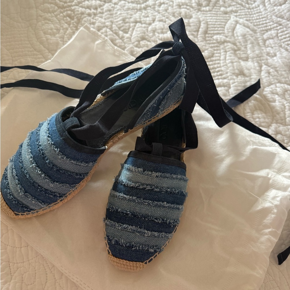 Jimmy Choo Blue Striped Denim Espadrille Wedges